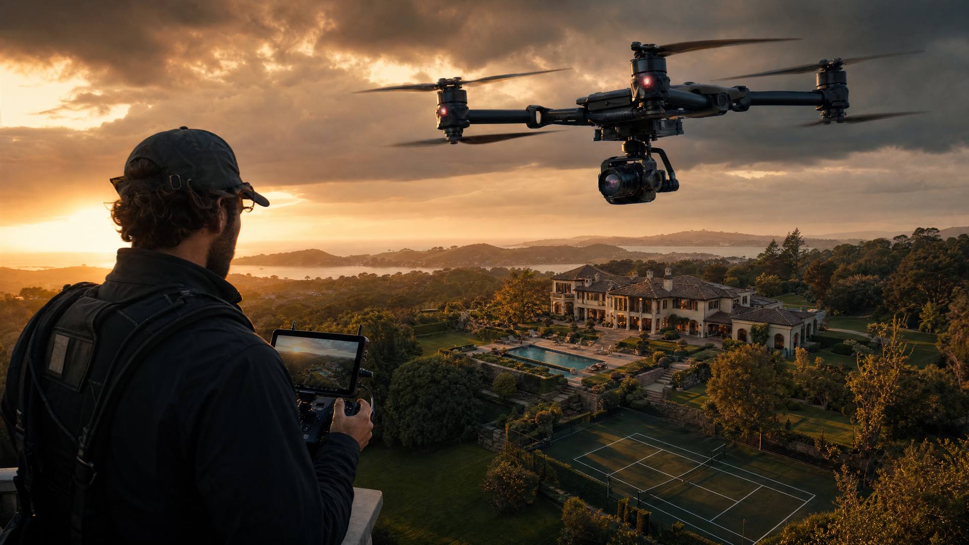 Professional drone operator filming luxury estate at golden hour