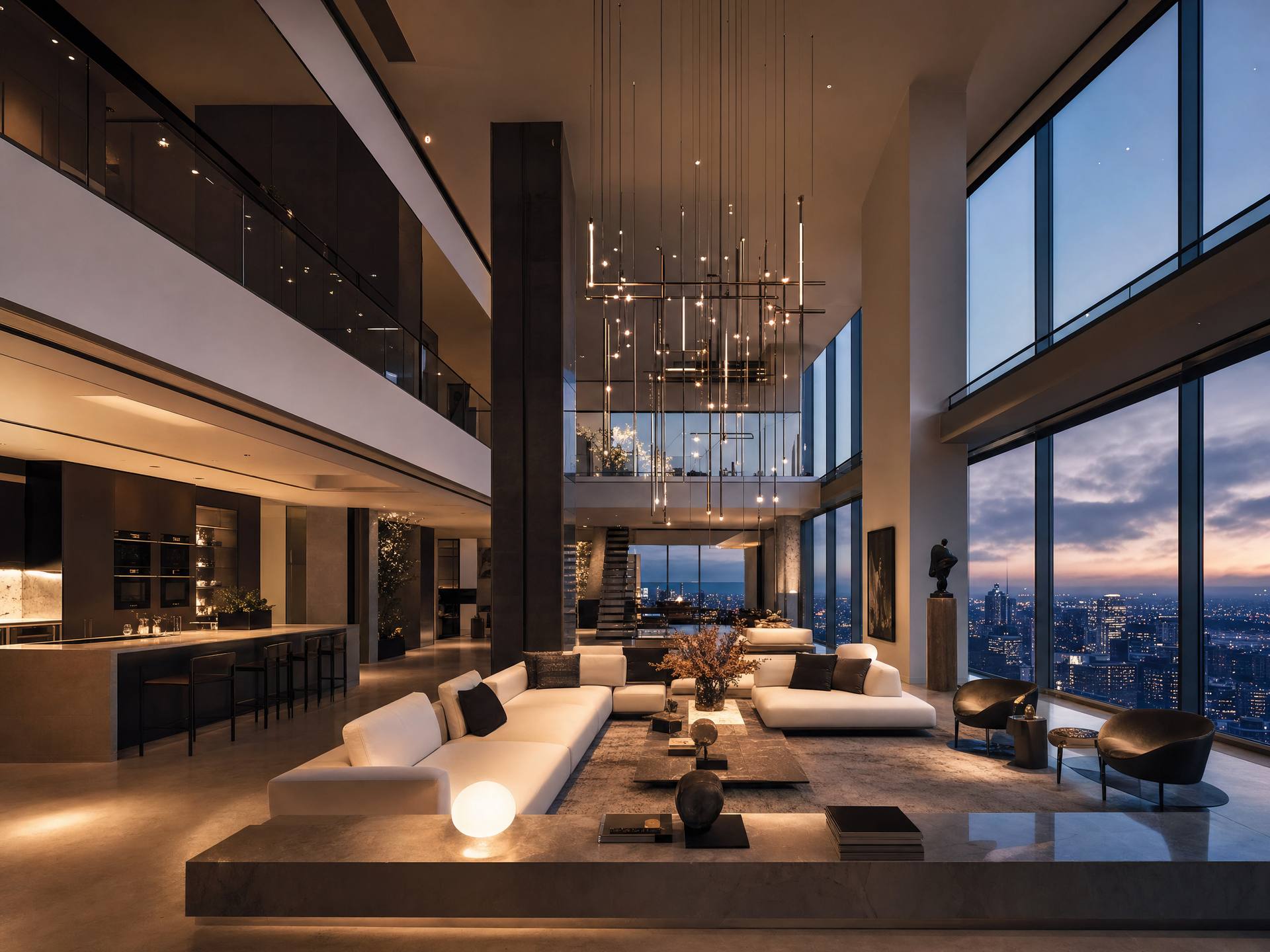 Luxury penthouse interior with city skyline views