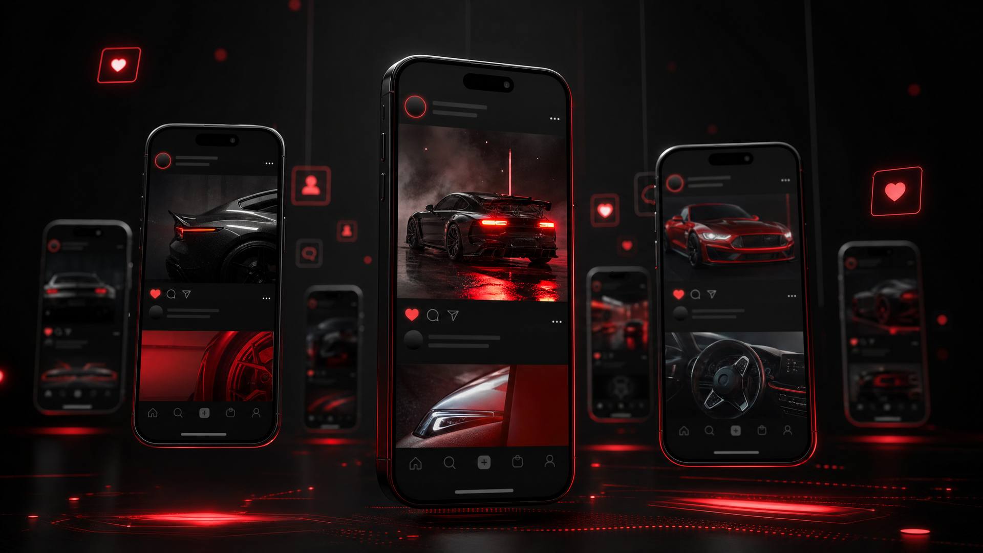 Multiple smartphones displaying automotive social media content feeds